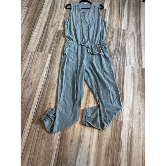 Splendid Chambray Jumpsuit L Medium green Indigo Drawstring Waist Pocket Tapered - Picture 2 of 11